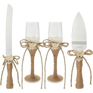 4 Piece Rustic-Style Wedding Cake Knife and Server Set with Champagne Glasses